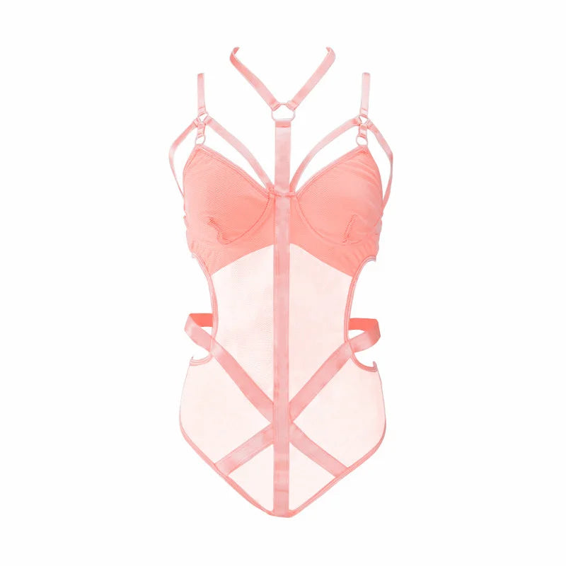 Body red semitransparente con cintas de cuero atado al cuello
