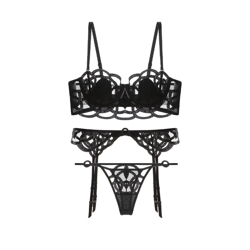Conjunto sujetador tanga y liguero red semitransparente