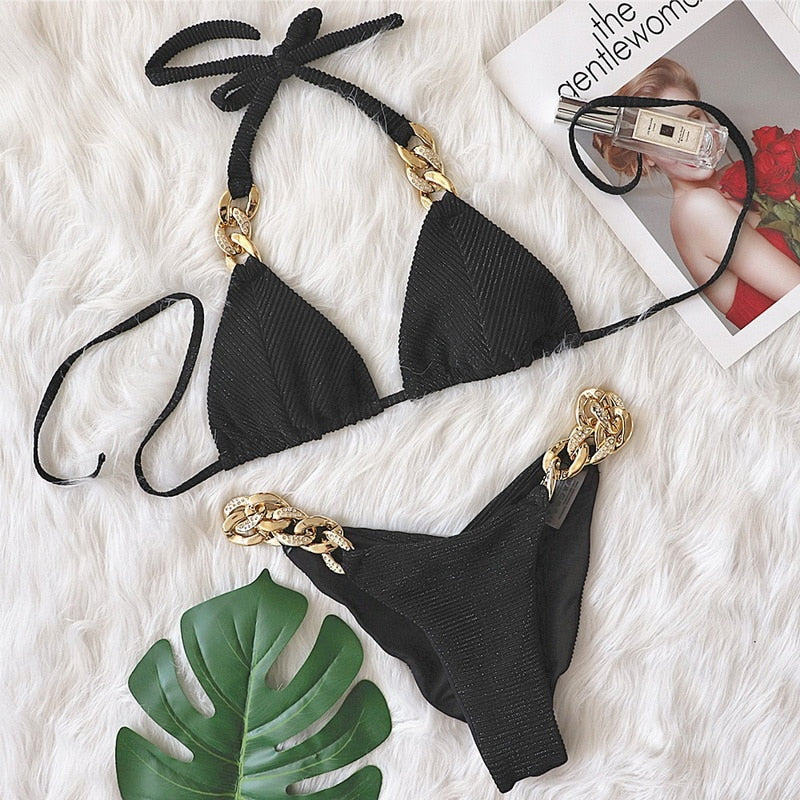 Bikini brasileño con cadena dorada - Bañador - atrevido, autopostr_twitter_57272, bañador, bañadores, bikini, metalico, Mujer, sexy, swimwear - 365Briefs -